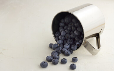Blueberries are pouring out of a metall mug