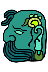 icon of male character, elderly and bearded, inspired by a Mayan glyph. In blue-green tones