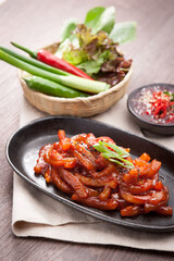 Stir-fried pork skin in Korean style.