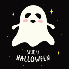 Fototapeta premium halloween card with cartoon ghost on dark background