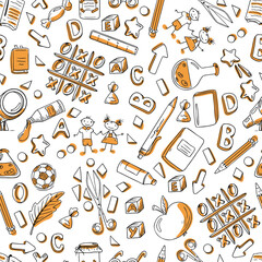 Seamless school vector pattern. School supplies, books, notebooks, pencils, pins on the background of a white sheet. Back to school sketch background. Stock vector illustration.