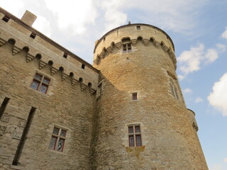 Exterior views of the castle of Suscinio: towers and moat, in Sarzeau in Morbihan, next to the Atlantic Ocean, in Brittany, France