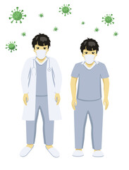 Male doctor and nurse wearing medical face white mask for preventing coronavirus symptoms, warning stay away from viral bacterial. Vector flat illustration
