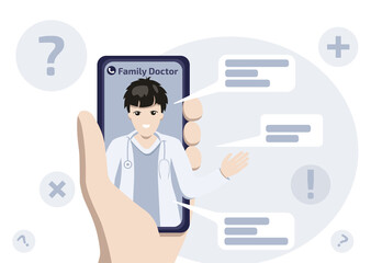 Fototapeta na wymiar Online doctor appointment with patient consultation via smartphone. Male doctor on the smartphone screen. Online medical support. Healthcare services. Illustration in flat style.