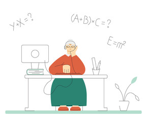 Gray-haired senior woman at home studying with a computer on the background of the room. Online education, remote education. Active life in old age. Vector illustration in flat style