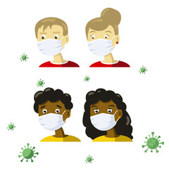 People in white medical face masks to protect themselves from pollution and viruses. Grandparents characters. Flat vector illustration.