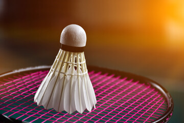 Closeup view of badminton racket and white badminton shuttlecock on badminton court. soft and...