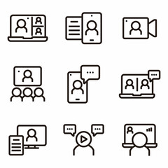 Video conference related vector line icons. Contains such icons as video call, laptop, meeting, conference call, chat and more. Virtual vector and collection.