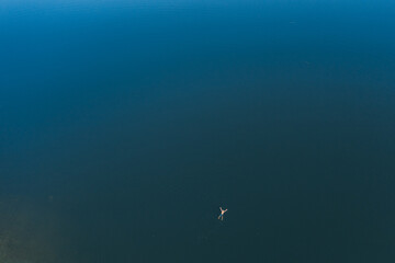 Man rest on sea waters, lie with legs and hands stretched out, top-down aerial shot. Beautiful green colour of tropical sea, calm cool water at morning hours.