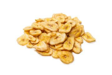 Banana chips isolated on a white background. Dehydrated banana.
