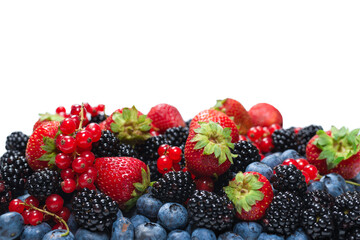 Blackberry, raspberry, blueberry,  red currant and mint background.