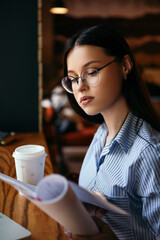 Business woman freelancer sitting cafe drink hot beverage coffee break have lunch read documents papers working laptop smart watch hand wear stylish glasses copyspace. International Coffee Day 