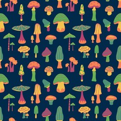 Bright, hallucinogenic, decorative, fantastic mushrooms. Psychedelic mushroom seamless pattern, black background.