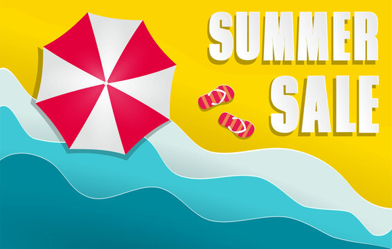 Bright summer sale banner with a beach umbrella. Vector illustration. 