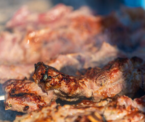 Meat on skewers is fried on coals with smoke