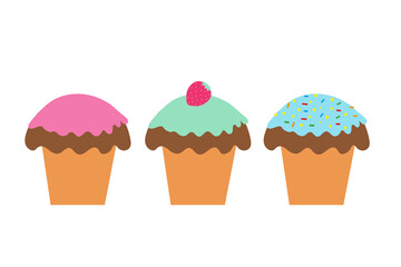 Set of muffins with colored frosting and berries on an isolated background. Tea time. Dessert. Design elements. Unhealthy food. Vector.