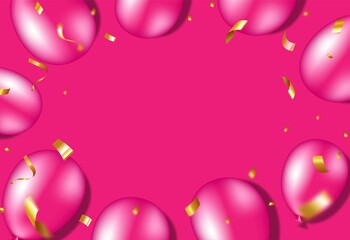 Pink banner template with realistic pink air balloons and falling confetti on pink background.