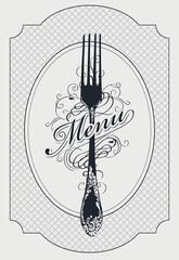Vector template of restaurant menu decorated with a beautiful antique fork and curlicues in retro style on a light background. Black and white menu design for a restaurant with fine cuisine