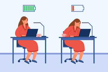 Contrast of exhausted and mentally healthy woman. Flat vector illustration. Frustrated, tired and active, happy employee working on computer at office desk. Job, burnout, stress, health concept