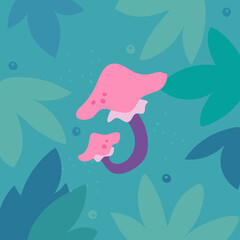 Mushroom vector. Fantasy edible, inedible mushrooms collection, green forest. Doodle drawing. Flat cartoon, сhildish t shirt, poster, greeting card print design, illustration. Leaves background. 