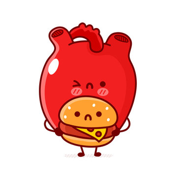 Cute sad human heart organ hold burger. Vector flat line doodle cartoon kawaii character illustration. Isolated on white background. Human heart organ, fast food cartoon mascot character concept