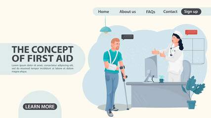 A man with a hand injury came to a doctors appointment a web page design concept flat illustration cartoon