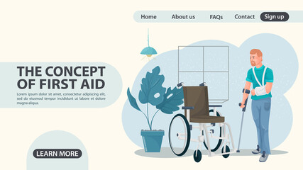A man with an arm injury approaches a wheelchair web page design concept flat illustration cartoon