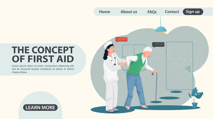 A nurse girl accompanies an old man web page design concept flat illustration cartoon