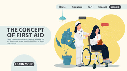 Nurse rolls a girl in a wheelchair web page design concept flat illustration cartoon