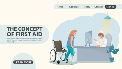 The girl got up from the wheelchair and went to the doctor the design concept of the web page is a flat illustration cartoon