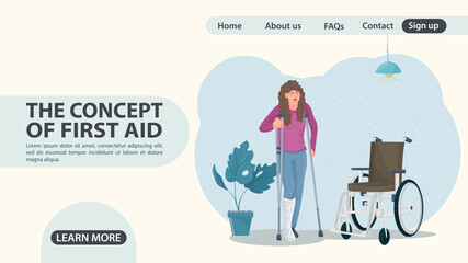 A girl on crutches stands next to a wheelchair web page design concept flat illustration cartoon