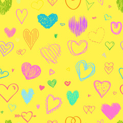 Seamless background with multicolored hearts. Colorful wallpaper. Hand drawn many big and small love signs. Line art