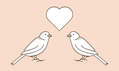 Two simple white birds with heart. Love concept. Vector illustration, EPS 10