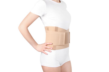 Orthopedic lumbar corset on the human body. Back brace, waist support belt for back. Posture...