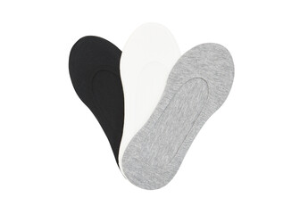 Set of short socks white, grey, black isolated on white background. Three pair of socks in different colors. Sock for sports on invisible foot as mock up for advertising, branding, design.