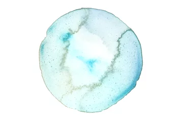 Foto auf Acrylglas Antireflex Blue Watercolor circle flow blot drops. Abstract texture color stain isolated on white background. © Liliia