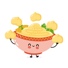 Cute funny traditional hummus bowl character juggle chickpea. Vector flat cartoon kawaii character illustration icon. Isolated on white background. Hummus bowl, arabic food cartoon character concept