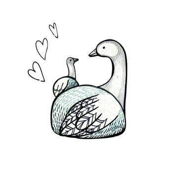 recommend clip art: Mother goose and little gosling in the nest. Illustration of a happy bird family for mom's day. Hand-drawn ink graphics.
