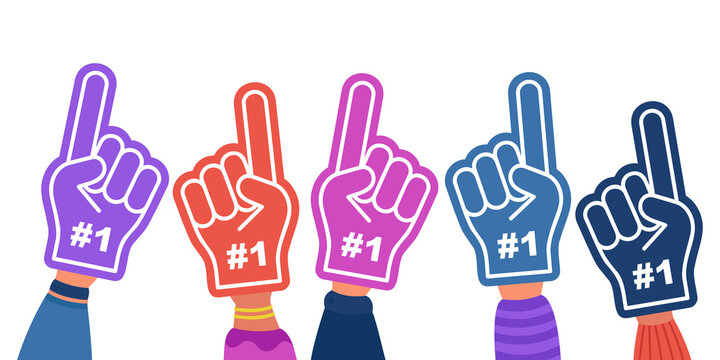 Cartoon hands in fan gloves flat vector illustration. Colorful fan gloves with fingers and numbers one. Support, sport, fan club, football team concept for banner design or landing page