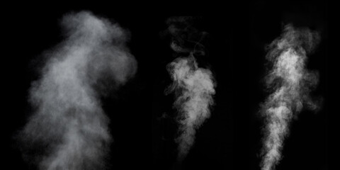 A perfect set of three different mystical curly white vapors or smoke on a black background....