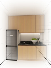 abstract sketch design of interior kitchen ,3d rendering