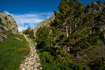 Fototapeta na wymiar Mountain trail on the Arriel Lakes, Aragon Pyrenees, Respomuso Valley, Tena Valley, Huesca Province, Aragon, Spain