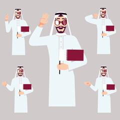 A handsome man with the Qatari flag. A set of fan emotions. Vector illustration on cartoon style.