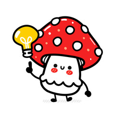 Cute funny happy amanita mushroom with idea light bulb. Vector hand drawn cartoon kawaii character illustration icon. Isolated on white background. Funny amanita mushroom mascot character concept