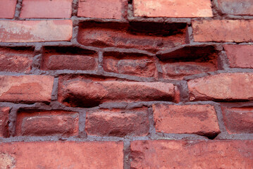 Empty Old Brick Wall Texture. Painted Distressed Wall Surface. Grungy Wide Brickwall. Grunge Red Stonewall Background. Shabby Building Facade With Damaged Plaster. Abstract Web Banner. Copy Space.