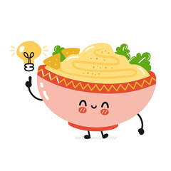 Cute funny traditional hummus bowl character with idea lamp. Vector flat cartoon kawaii character illustration icon. Isolated on white background. Hummus bowl, arabic food cartoon character concept