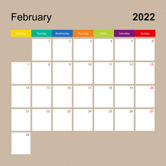 Сalendar page for February 2022, wall planner with colorful design. Week starts on Monday.
