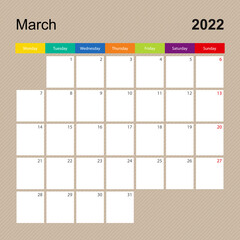 Сalendar page for March 2022, wall planner with colorful design. Week starts on Monday.