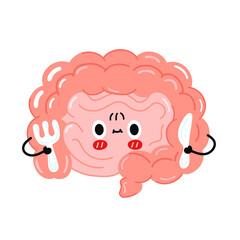 Cute funny intestine organ character with knife and fork. Vector hand drawn cartoon kawaii character illustration icon. Isolated on white background. Human intestine organ, cartoon character concept