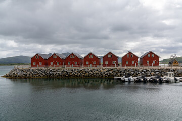 Fototapeta premium colorful red wooden houses on the oceanfront in the Lofoten Islands of Norway with boats at the dock in the foreground